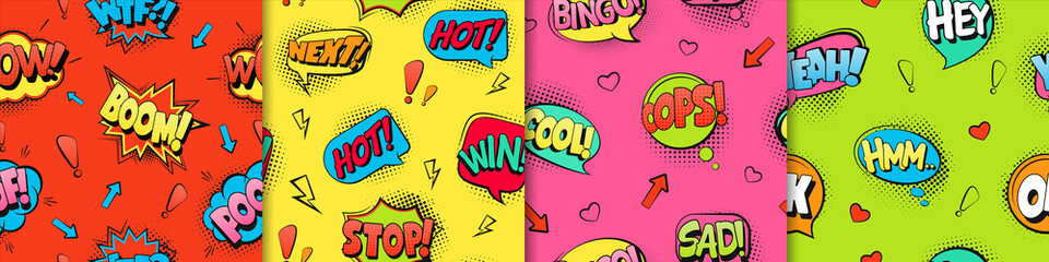 Comic text seamless pattern. Red retro cartoon style with blue phrases explosive fun in green vintage funny orange bursts of superhero shouts explosive words vector purple frame. © Богдан Скрипник