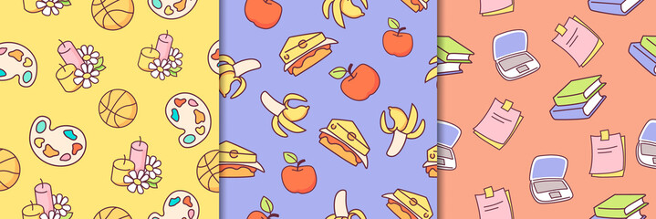 School study and holidays seamless pattern. Festive yellow pink candles with balls sandwiches with red apples and bananas notebooks green blue books and folder with vector notes.