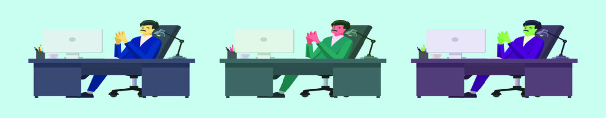 set of business man entrepreneur sitting in office chair cartoon icon design template with various models. vector illustration isolated on blue background