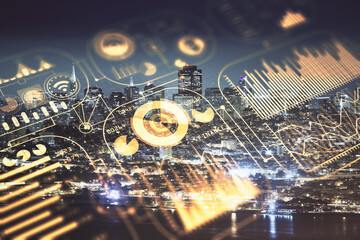 Double exposure of technology theme hologram and cityscape background. Concept of Hightech.