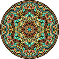 Ethnic vector design element. Abstract festive colorful mandala ethnic tribal pattern. African motif. Isolated decorative element for card design, t-shirt print, ceramic tile.