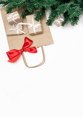 gifts package box white background christmas tree red bag new year delivery top view