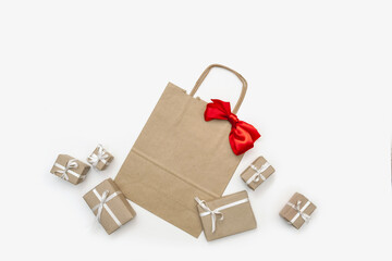 gifts package box white background red bag new year delivery top view