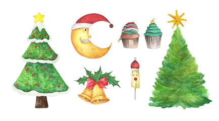 Set of Christmas decorations. Watercolor elements on a white background.
