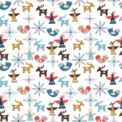 Seamless Christmas pattern with ornaments, stars, snowflakes, angels and deers