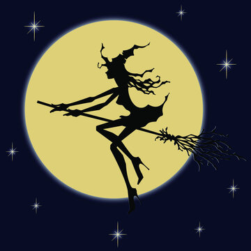 Vector halloween set : pretty young witch flying on the broom in deep blue night sky with big shining moon and stars. Element for design holiday card or poster