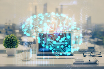 Double exposure of desktop with computer and brain drawing hologram. Artificial intelligence...