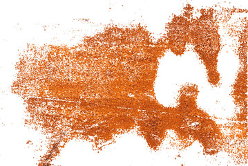 Colorful rusty metal overlay for design. Attrition. Corrosion. Oxidation. Isolated brawn-orange stains on damaged painted metal surface. Vector EPS10.