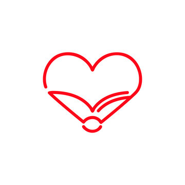 Book and heart outline symbol on white backdrop. Loving books concept