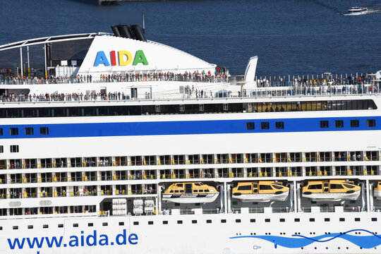 Hamburg / Germany - July 19, 2018: AIDA sol is leaving Hamburg Harbour, Germany - Aida Cruises is an American/British-owned German Cruise line based in Rostock