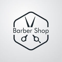 Logotipo con texto Barber Shop con tijeras de peluquero en hexágono lineal en fondo gris