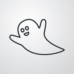 Feliz Halloween. Logotipo lineal fantasma sonriente volador en fondo gris