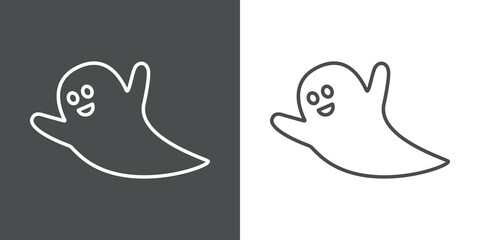 Feliz Halloween. Logotipo lineal fantasma sonriente volador en fondo gris y fondo blanco
