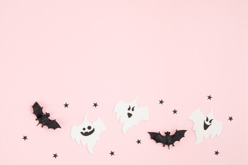 Top view of Halloween decoration with plastic bats. Party, invitation, halloween decoration