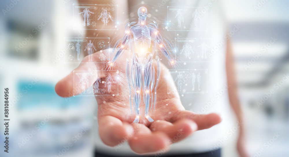 Poster Man using digital x-ray human body holographic scan projection 3D rendering