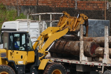Deforestation Amazon rainforest, heavy machinery loading tropical timber from a barge on a truck....