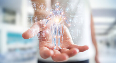 Man using digital x-ray human body holographic scan projection 3D rendering