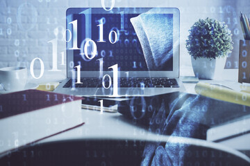 Multi exposure of desktop with personal computer and tech theme drawing. Concept of Bigdata.
