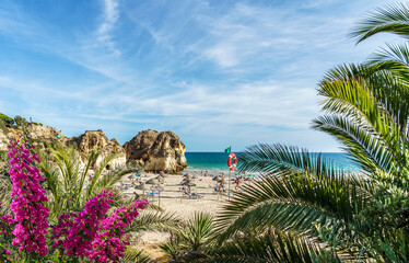 Landscape with Praia dos Tres Irmaos, famous beach in Algarve, Portugal