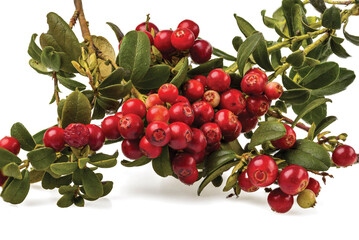 Close up view of red rowanberry branch isolated on white background.