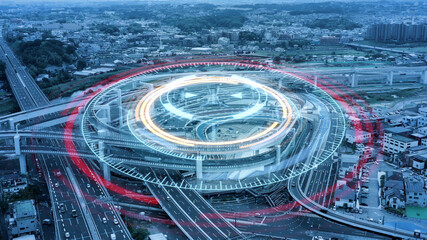 交通とテクノロジー　高速道路の空撮とネットワークイメージ　ITS