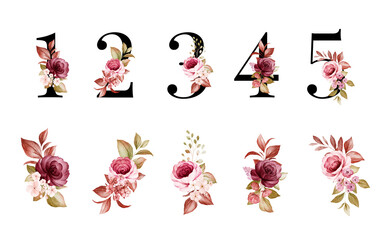 Watercolor floral number set of 1, 2, 3, 4, 5 with red and brown flowers and leaves. Flowers composition for logo, cards, branding, etc