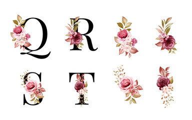 Watercolor floral alphabet set of Q, R, S, T with red and brown flowers and leaves. Flowers composition for logo, cards, branding, etc