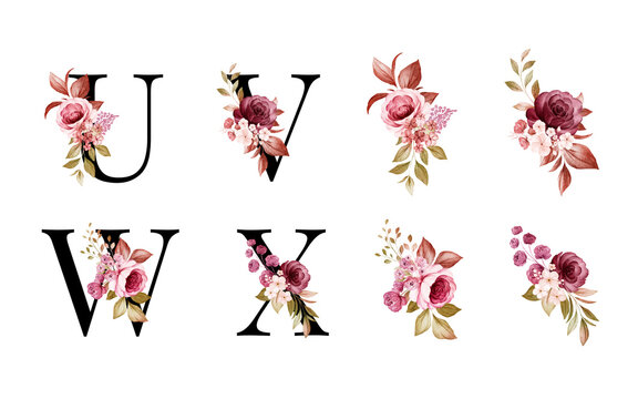 Vetor de Watercolor floral alphabet set of U, V, W, X with red and