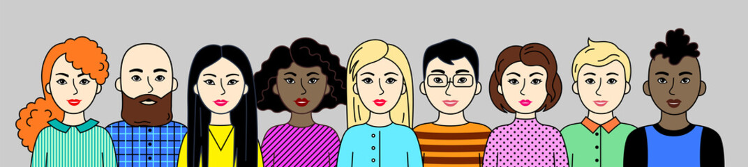 Group of people, men and women of different nations, skin and hair colors. Set of Asian, European, African cartoon simple portraits. Multiethnic society. Diversity. Avatars. Vector flat illustration.