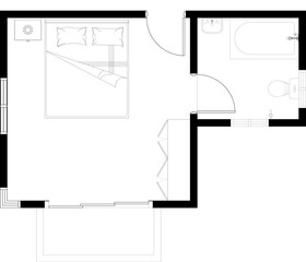 2D CAD drawing of single bedroom layout complete with 1 bathroom and window for natural ventilation. The bedroom is furnished with a variety of bedroom furniture. Drawing in black and white. 