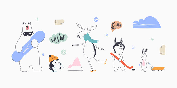 Cute animals hand drawing illustration vector. Polar bear, penguin, deer, husky, hare. Doodle vector illustration.