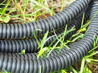 plastic pipe corrugation black color lies on the green grass