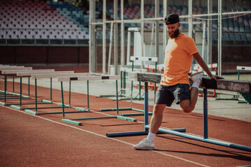 Healthy lifestyle. Handsome caucasian male athlete with long beard doing doing stretching exercise with copy space for your text © San4ezz007