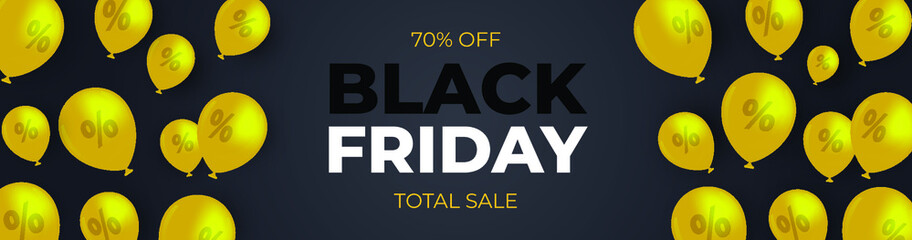 Black friday sale horizontal vector banner. Dark background with balloons