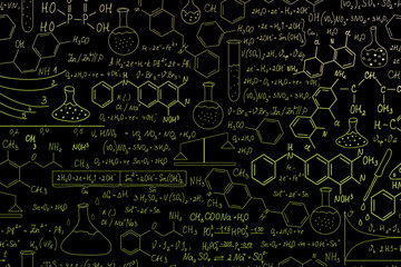Hand drawn science formulas on chalkboard for background.
