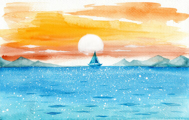 Watercolor illustration of a blue sparkling sea and sailing yacht on the horizon with yellow sunset sky in the background