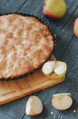 Homemade organic apple pie dessert ready to eat. Selective focus
