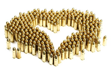 9mm pistol bullet in shape heart isolated on white background
