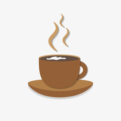A cup of hot coffee with milk. Vector drawing in brown colors on a white background