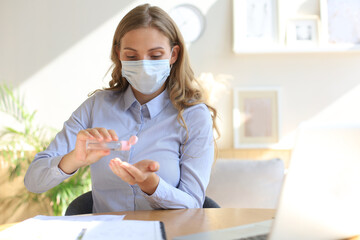 Woman using sanitizer hand gel. Hand hygiene coronavirus protection.