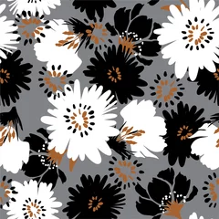 Foto op Canvas Sealess pattern Hand drawn Artistic bloomimg floral white,Brown ,black om light grey background ,Design for fashion , fabric, textile, wallpaper, cover, web , wrapping © MSNTY_STUDIOX