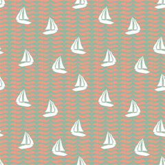 Retro silhouette of sailor Boat on geometric ocean wave background seamless pattern vector,Design for fashion , fabric, textile, wallpaper, cover, web , wrapping and all prints