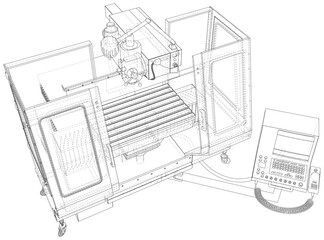 CNC Lathe machine illustration vector. Wire-frame line isolated. Vector rendering of 3d.