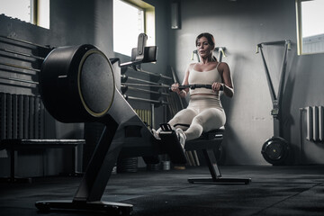 Fototapeta na wymiar Beautiful Woman Has Arms Workout On Rowing Machine .