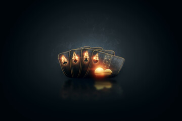 Black gold playing cards for poker, four aces on a dark background. Design template. Casino concept, gambling, header for the site. Copy space, 3D illustration, 3D render.
