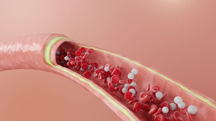 Red blood cells flow inside an artery, vein. Healthy arterial cross-section blood flow. Scientific and medical microbiological concept. Enrichment with oxygen and important nutrients, 3d Animation