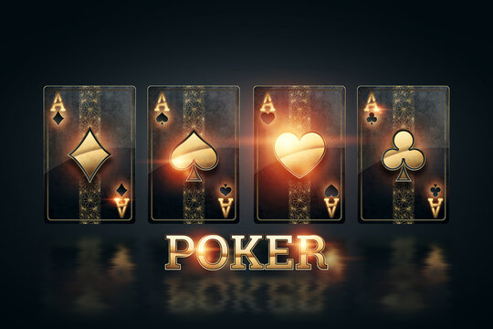 Creative poker template, gold cards and the inscription in gold letters poker on a dark background. Casino concept, gambling, header for the site. Copy space, 3D illustration, 3D render.