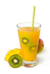 Coconut rum tropical cocktail with mango, kiw, pineaple with fresh ingredients isolated on white background. Selected focus.