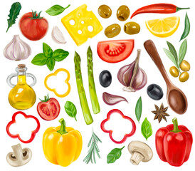 Hand drawn set of vegetables. Color gouache illustration. Tomato, olive, pepper, asparagus, mushrooms, olive oil, basil, garlic, lemon, cheese, rosemary and wooden spoon isolated on white background.