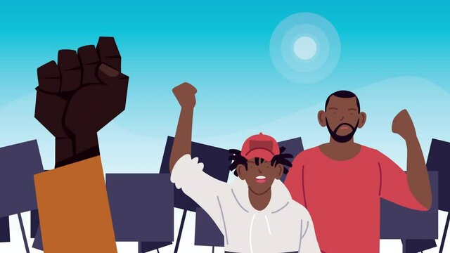 black lives matter animation with afro men protesting